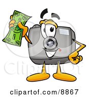 Poster, Art Print Of Camera Mascot Cartoon Character Holding A Dollar Bill