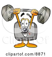 Poster, Art Print Of Camera Mascot Cartoon Character Holding A Heavy Barbell Above His Head