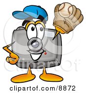 Camera Mascot Cartoon Character Catching A Baseball With A Glove