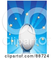 Royalty Free RF Clipart Illustration Of A Starry Blue Burst Behind A Rugby Ball