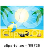 Poster, Art Print Of Tropical Sun Shining Down On A Beach Ball Shells Stones And Glasses Near Palm Trees On A Beach