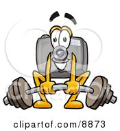 Poster, Art Print Of Camera Mascot Cartoon Character Lifting A Heavy Barbell