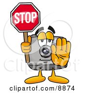 Camera Mascot Cartoon Character Holding A Stop Sign
