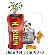 Poster, Art Print Of Camera Mascot Cartoon Character Standing With A Lit Stick Of Dynamite