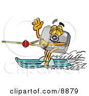 Camera Mascot Cartoon Character Waving While Water Skiing