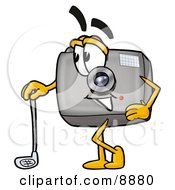 Poster, Art Print Of Camera Mascot Cartoon Character Leaning On A Golf Club While Golfing