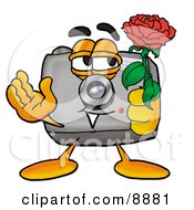 Camera Mascot Cartoon Character Holding A Red Rose On Valentines Day