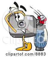 Clipart Picture Of A Camera Mascot Cartoon Character Swinging His Golf Club While Golfing by Mascot Junction