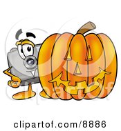 Poster, Art Print Of Camera Mascot Cartoon Character With A Carved Halloween Pumpkin