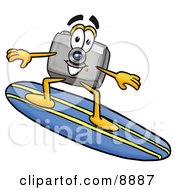 Poster, Art Print Of Camera Mascot Cartoon Character Surfing On A Blue And Yellow Surfboard