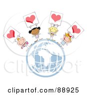 Poster, Art Print Of Stick Cupids Holding Heart Signs On A Globe