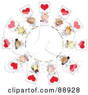 Poster, Art Print Of Stick Cupids Holding Red Heart Signs In A Circle