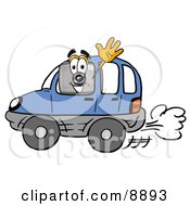 Poster, Art Print Of Camera Mascot Cartoon Character Driving A Blue Car And Waving