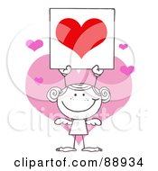 Poster, Art Print Of Outlined Girl Stick Cupid Holding A Red Heart Sign