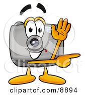 Clipart Picture Of A Camera Mascot Cartoon Character Waving And Pointing by Mascot Junction