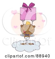 Poster, Art Print Of Black Stick Cupid Holding Up A Gift On A Cloud