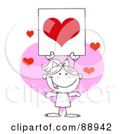 Poster, Art Print Of Outlined Female Stick Cupid Holding Up A Red Heart Sign