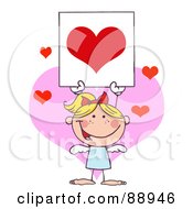 Poster, Art Print Of Stick Blond Girl Cupid Holding A Red Heart Sign