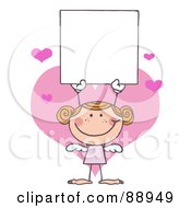 Poster, Art Print Of Red Haired Female Stick Cupid Holding A Blank Sign
