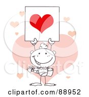 Poster, Art Print Of Outlined Stick Cupid Holding A Red Heart Sign In Front Of Pink Hearts