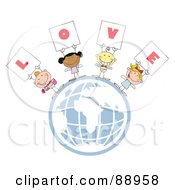 Poster, Art Print Of Stick Cupids Holding Love Signs On A Globe