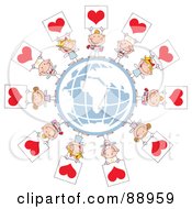Royalty Free RF Clipart Illustration Of Stick Cupids Holding Heart Signs Around A Globe