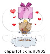 Royalty Free RF Clipart Illustration Of A Black Stick Cupid On A Cloud Holding Up A Gift