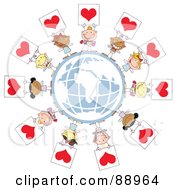 Poster, Art Print Of Stick Cupids Holding Up Heart Signs Around A Globe