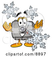 Poster, Art Print Of Camera Mascot Cartoon Character With Three Snowflakes In Winter