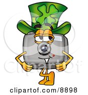 Poster, Art Print Of Camera Mascot Cartoon Character Wearing A Saint Patricks Day Hat With A Clover On It