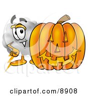 Poster, Art Print Of Cloud Mascot Cartoon Character With A Carved Halloween Pumpkin