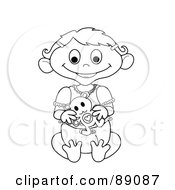 Poster, Art Print Of Outlined Baby Girl Holding A Teddy Bear - Version 1