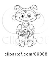 Royalty Free RF Clipart Illustration Of An Outlined Baby Girl Holding A Teddy Bear Version 4