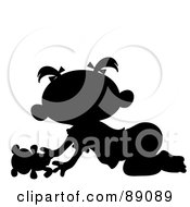 Royalty Free RF Clipart Illustration Of A Black Silhouetted Baby Girl Crawling With A Teddy Bear