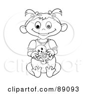 Poster, Art Print Of Outlined Baby Girl Holding A Teddy Bear - Version 3