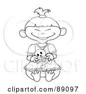 Royalty Free RF Clipart Illustration Of An Outlined Asian Baby Girl Holding A Teddy Bear