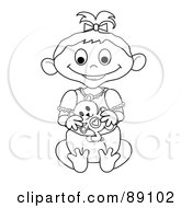 Poster, Art Print Of Outlined Baby Girl Holding A Teddy Bear - Version 2