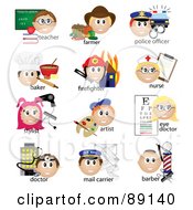 Digital Collage Of Teacher Farmer Police Officer Baker Firefighter Nurse Stylist Artist Eye Doctor Doctor Mail Carrier And Barber Occupation Icons With Text