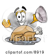 Clipart Picture Of A Cloud Mascot Cartoon Character Serving A Thanksgiving Turkey On A Platter by Toons4Biz