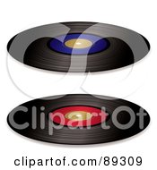 Poster, Art Print Of Digital Collage Of Black Vinyl Records With Red And Blue Blank Labels