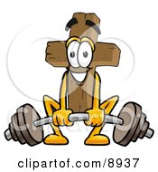 Wooden Cross Mascot Cartoon Character Lifting A Heavy Barbell