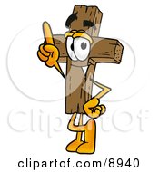 Poster, Art Print Of Wooden Cross Mascot Cartoon Character Pointing Upwards