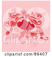Poster, Art Print Of Two Red Hearts With Leafy Vines On Pink