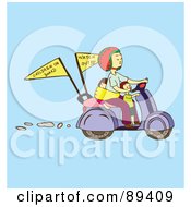 Poster, Art Print Of Asian Woman Driving A Scooter With Children On Board And Watch Out Flags