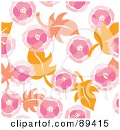 Poster, Art Print Of Seamless Pattern Of Pink Flowers And Orange Leaves On White