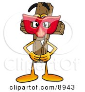 Wooden Cross Mascot Cartoon Character Wearing A Red Mask Over His Face