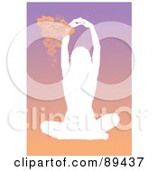 Poster, Art Print Of White Silhouetted Yoga Woman Sitting And Holding Her Arms Up With Flowers