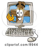 Wooden Cross Mascot Cartoon Character Waving From Inside A Computer Screen