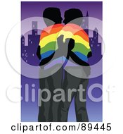 Poster, Art Print Of Gay Couple Wearing Rainbow Shirts Embracing And Standing By A City