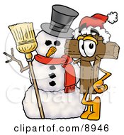 Wooden Cross Mascot Cartoon Character With A Snowman On Christmas